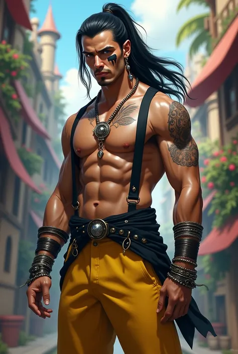 a man with long black hair tied into a ponytail, yellow pants, black cummerbund, black suspenders, black boots, metal bracelets and black face paint in disney style 