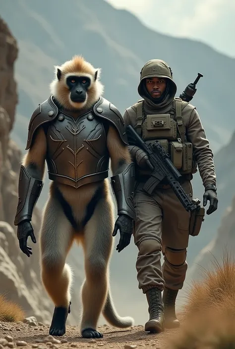 (photorealism:1.2), A giant langur in military armor, standing on all fours, walks beside a soldier in modern tactical gear. The soldier, with a stern expression and wa