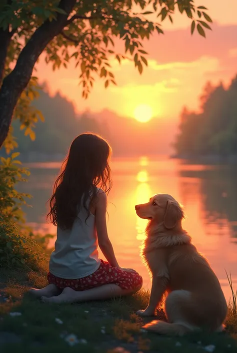 A girl, Sitting on the river bank , Challenge the sunset , Back, 2 Long-haired Golden Retrievers, A girl looking at, 16:9 screens