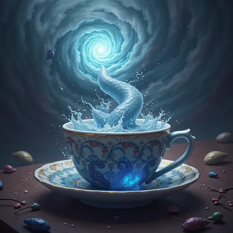 Storm in a teacup, fantasy surreal scene, epic masterpiece, superb quality, supreme details, uhd, hyperrealistic, vibrant