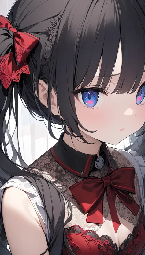 (A girl wearing a slave collar:1.3)  、( slim、1 person,  cute young woman, , medium bust ,  black hair、 twin tail hair 、Azure Eyes、red large lace ribbon in the hair),delicate beautiful eyes , eyes are drawn in detail , high definition , masterpiece, picture...