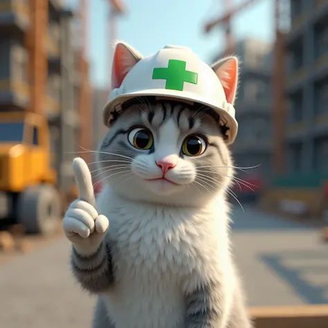 Construction site helmet with green cross and green line 　 white and gray cat posing for safety with index finger　 real