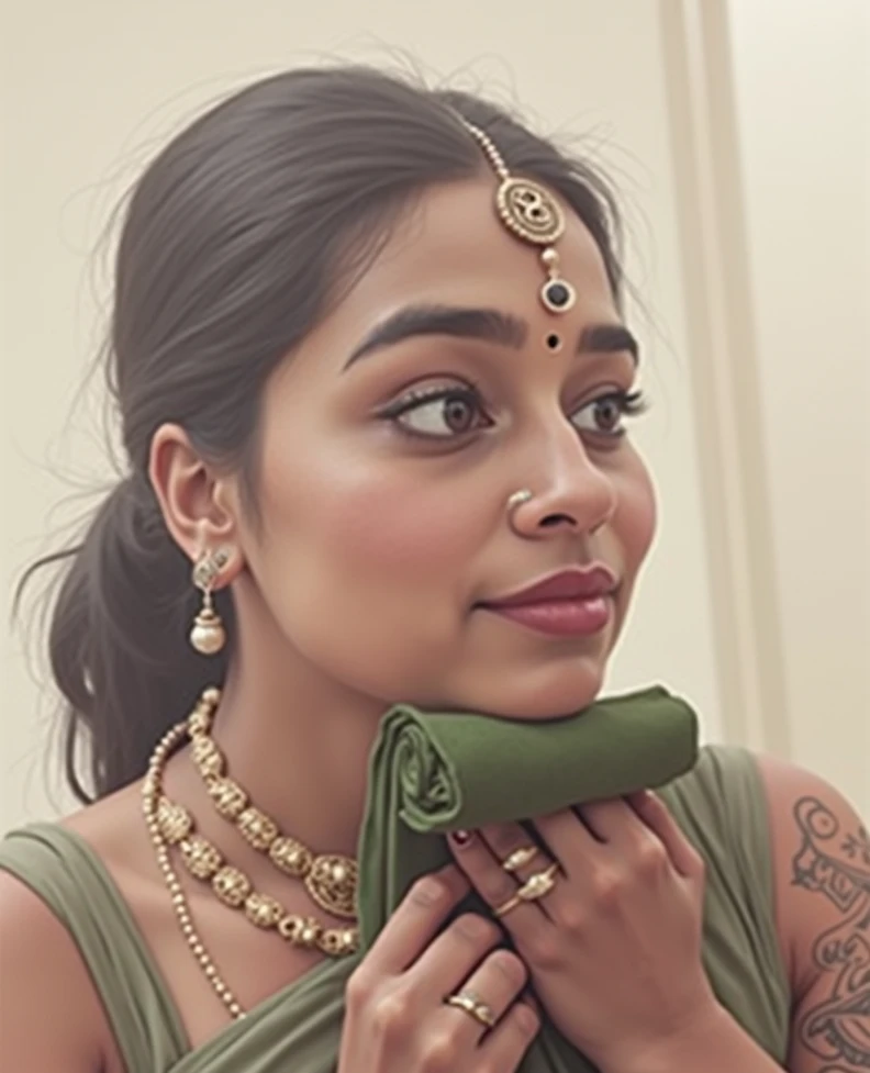 Chubby Middle  aged Indian woman wearing necklace, ear rings,nose rings bindi  having indian Hindu tattoo on her thighs in sexy blouse and peticoat of blue colour holding an  in green towel in front of a mirror and behind her there a a bed in  which an Ara...