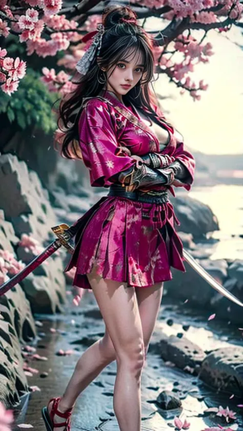  Sexy female character dressed as a warrior from the Sengoku period 、((toned body))、 toned body、 a sexy female character dressed as a warrior from the Sengoku period 、 The sakura-colored armor with a cherry blossom pattern engraved on it is a bikini type a...