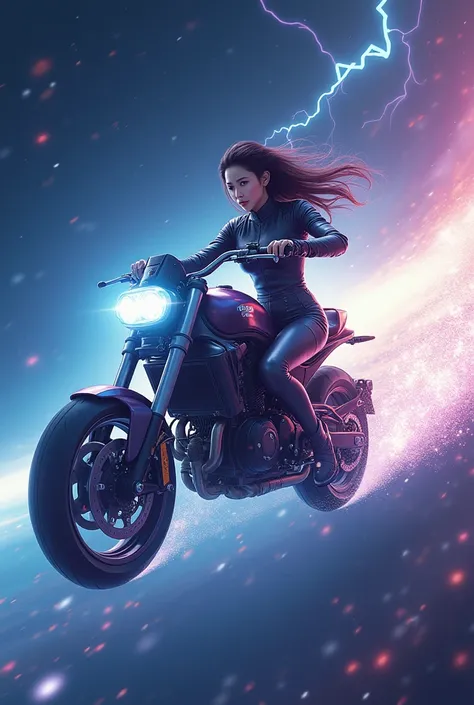 "An enchanting 18-year-old Korean girl, radiating confidence and allure, sits atop a sleek, futuristic motorcycle, expertly dressed in a stylish, form-fitting outfit that accentuates her silhouette. She navigates the limitless expanse of space with remarka...