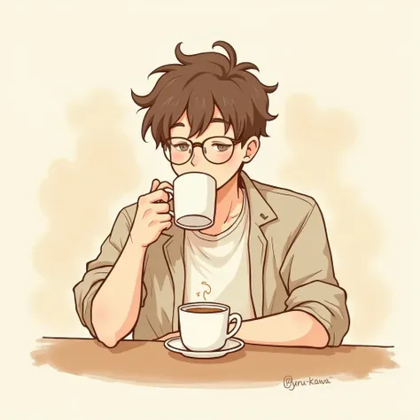 Young man, wearing soft brown round glasses, sipping coffee from a mug, relaxed and cozy atmosphere, loose sketchy illustration style, warm and pastel color palette, soft and minimal shading, casual outfit, sitting at a small café table, simple background ...