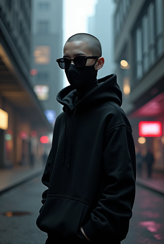 Hamburg asthetic boyisch girl
, with hoody sunglasses and mask in black, no hair, headscarf
 unreal art