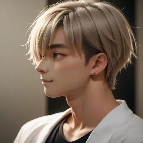 profile,Asian Boy,22-years-old,Blonde,( mash hair),(Grey Eyes:0.9),slim,tall,Evil scheme,(smile:0.9),Small face, small mole under your left eye,simple earring for one ear,Nagi-kun  ( Realistic) 8k