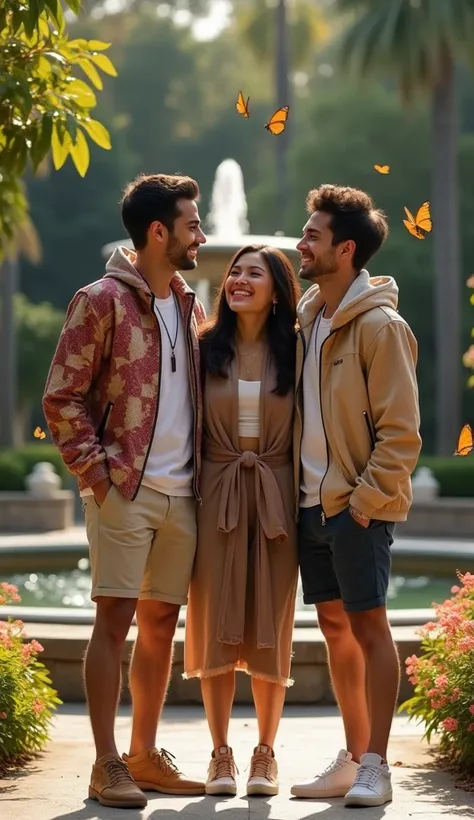 whole body) Male couple wearing medium length marble multi-cut costume jackets and asian woman with long hairstyle, get dressedショートジーンズ,Pashmina, sneakers) They are sitting hugging and laughing,Your face is focused on the camera. Fountain and flower beds,B...