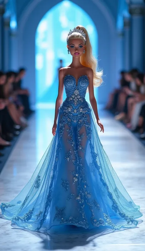 Barbie in a blue and white dress walking on a stunning fashion runway, long and intricate dress, fancy dress, intricate fantasy dress, intricate dress, detailed dress, an intricate dress, open dress, intricate dress, intricate and detailed dress, beautiful...