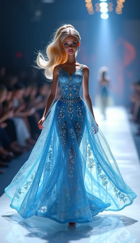 Barbie in a blue and white dress walking on a stunning fashion runway, long and intricate dress, fancy dress, intricate fantasy dress, intricate dress, detailed dress, an intricate dress, open dress, intricate dress, intricate and detailed dress, beautiful...