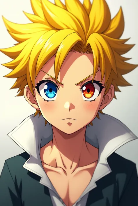 Create a nime character with yellow colour hair eye is in two different colours and this is male character with 360 degree image (like Mikey in Tokyo revenge)