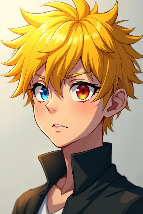 Create a nime character with yellow colour hair eye is in two different colours and this is male character with 360 degree image (like Mikey in Tokyo revenge)