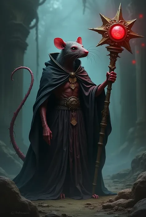 a cut rat using walock clothes with rat and a cursed staff. His staff has on top a star with only 4 tips and a big dark red sphair on center of stair. This sphair is more dark than res. the enviroment is dark