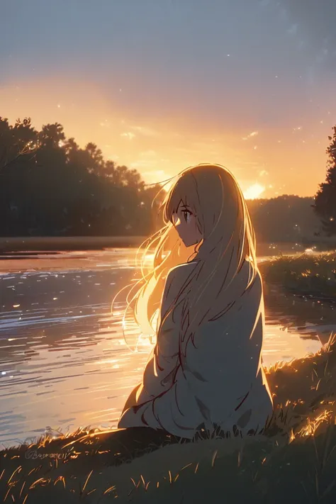 A girl, Sitting on the river bank , Challenge the sunset , Back, 2 Long-haired Golden Retrievers, A girl looking at, 16:9 Horizontal Screen
