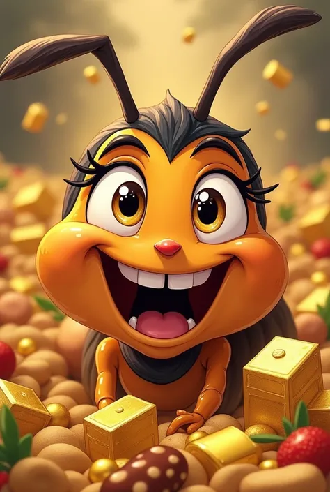 A close-up of  ant Lalis excited expression. She is imagining herself surrounded by piles of golden treasures and food while smiling mischievously. Cartoon 
