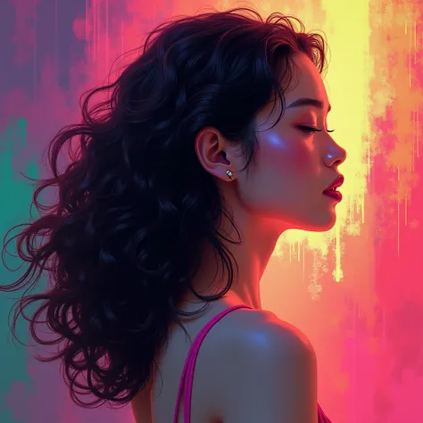 concept art the face of a Korean woman with long curly hair sideways bright colors(  purple , red, orange, green, red)