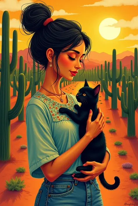 create an image in the Tarcila do Amaral style with a woman caressing a black kitten, on a farm with cacti and a hot sun on the dirt floor, red clay.