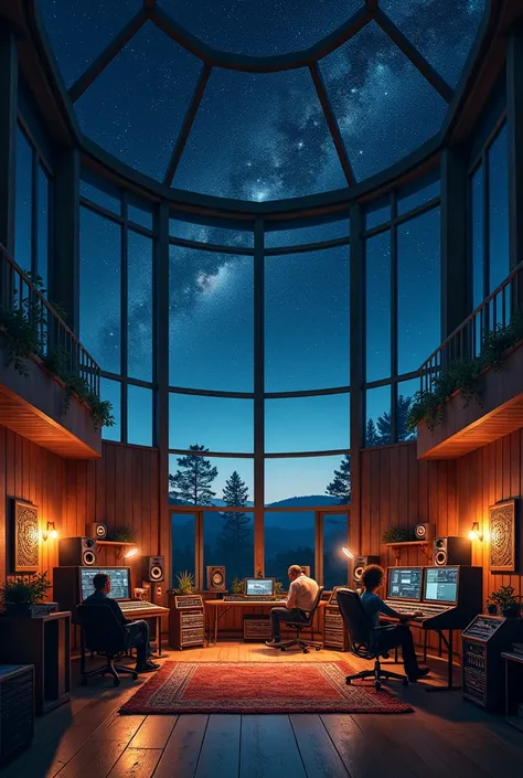 (photorealism:1.2), recording studio, music, starry sky.