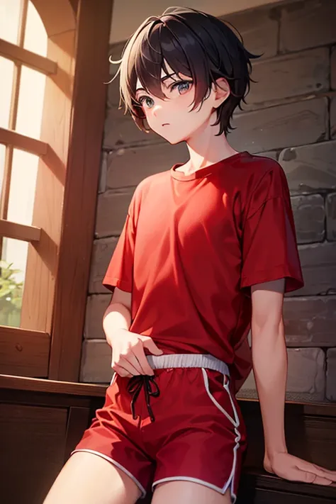 teenage boy wearing plain red tunic and shorts, (beautiful detail eyes), (soft+cute), ((best quality)), ((masterpiece))