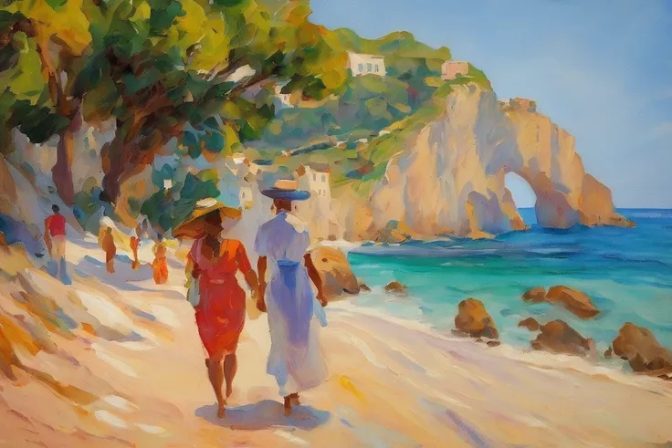  A couple walking on the edge of the beach in Capri, Italy, Around noon , With houses on the rock by the beach.  A beautiful impressionist oil painting ,  with vibrant colors and diffuse features . The painting captures the movement.