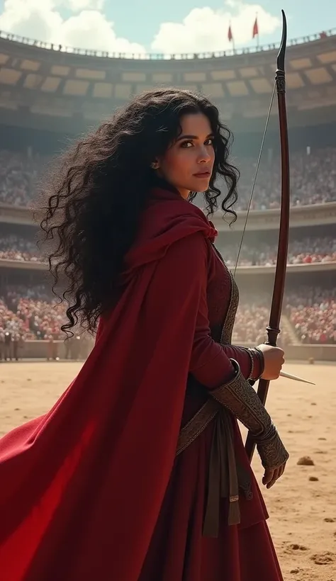 Lily Collins with black curly hair with red hood, medieval clothes, bow and arrow in hand, entering an arena landscape filled with bleachers and audience watching the illustration is detailed, smooth and bright, HD art by Citemer Liu