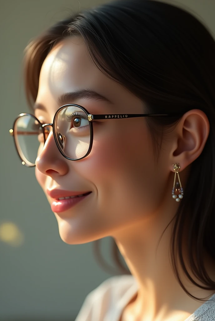 Half of a womans face from the side looking with glasses smiling on the right side of the image
