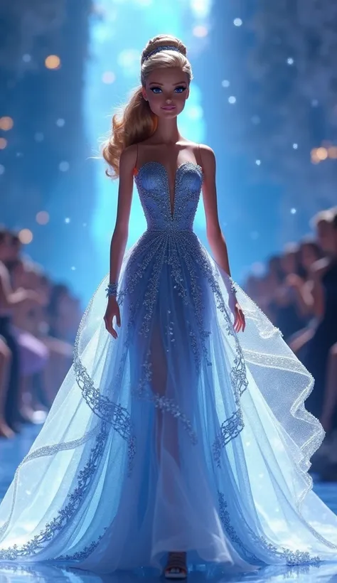  Barbie with a blue and white dress walking on a stunning fashion runway,  long and intricate dress ,  fancy dress , Intricate fantasy dress,  intricate dress ,  detailed dress , um  intricate dress , open dress,  intricate dress ,  intricate dress  e deta...