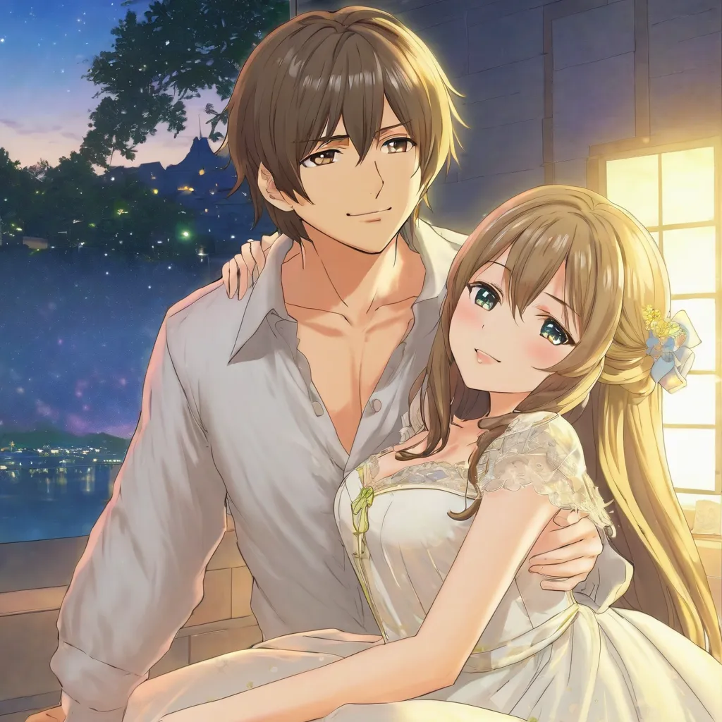 1 male、A man hugs a beautiful girl who looks like the heroine of an idol anime with an innocent face,My boobs are visible from my chest in a nightgown , Max Image，Best Style,Heart Room Bed ， during sexual activity，Night Sky,Cowgirl