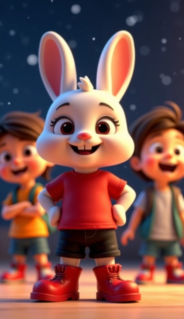    3D animation a cute baby rabbit cub,  medium size  a black shorts and red t-shirt. Red boot.   night image,  
     
Golu, the mischievous rabbit, standing confidently with his hands on his hips, announcing “goat!” as other students laugh. Bright and che...