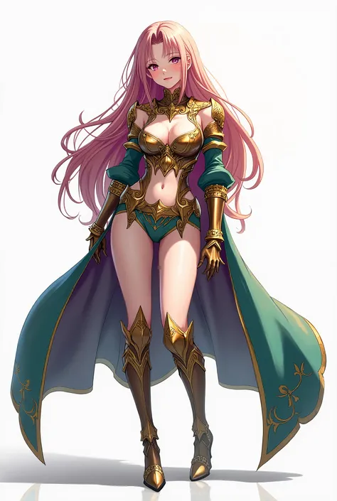   beautiful anime girl ,  hourglass body,  costume armor covering the chest and stomach, short skirts, golden, purple and green coloring, foto de  full body ,  full body , standing, sorriso sexy, sexy look, blushed