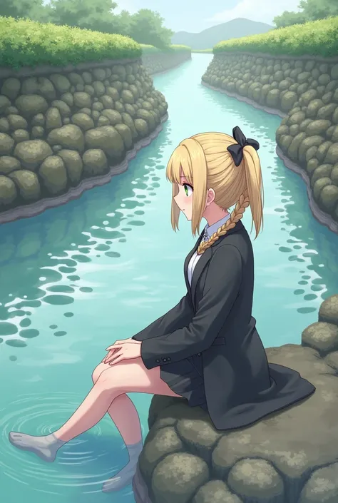 1 Girl, (Alone:1.3), ditch, hot spring, Outdoor,  suit jacket, Embrace your legs, of course( blue archive ),  medium chest ,   blonde hair,  braids ,  putting together ponytail ,   hair bow , 