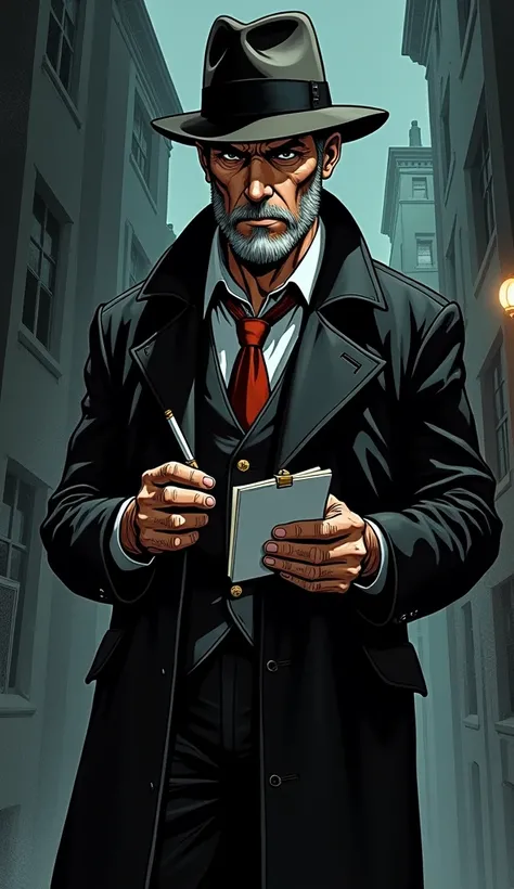 Old school comic American style     Detective Morton
        * Age: 45
        * Appearance: A rugged, middle-aged man with graying hair, sharp eyes, and a stern expression.
        * Clothing: A dark trench coat and a fedora, carrying a notepad and a ciga...