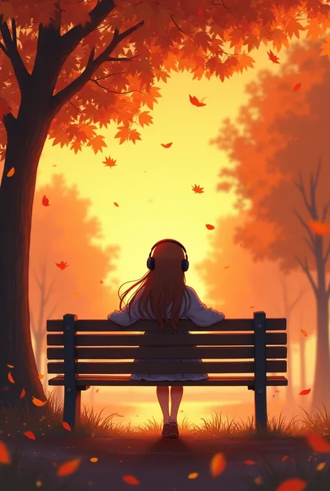  Bright color palette ,Medium panorama,  Digital Art .   Fresh art style  ,  18-year-old woman with long hair and brown hair sitting on a park bench, 迷人且Relax .  Listening to music with headphones 、autumn々、 Swaying Leaves 、Sunset、Hyperlighting 、 Unusual de...