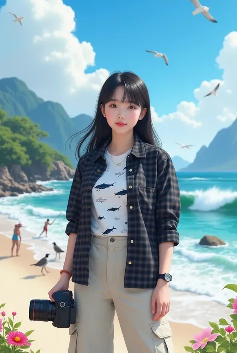 Beautiful Korean girl with smooth white skin, well-groomed face, long straight black hair, faint smile, black  checkered shirt, white t-shirt decorated with fish motifs) cream colour cargo pants, cool watch. Posing standing on the beach carrying a camera, ...