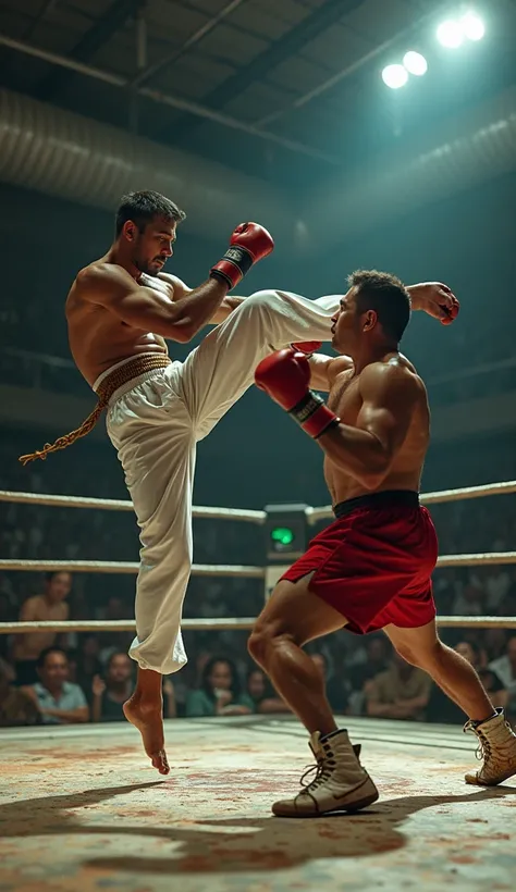 In the climactic moment of the fight, the Capoeira fighter performs an acrobatic flip, delivering a downward kick aimed at the boxer’s shoulder. His body is upside down, perfectly balanced mid-air, with his white pants and braided cord belt fluttering. His...