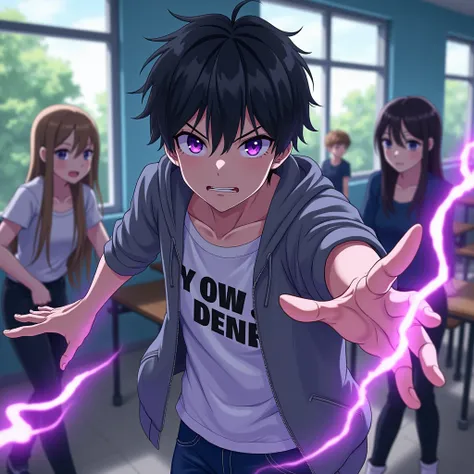 An anime style image of a guy with short black hair and large, expressive purple eyes. He has a serious expression and is stretching his right hand forward as if he is trying to reach someone or something. He is wearing a gray hoodie over a white t-shirt w...