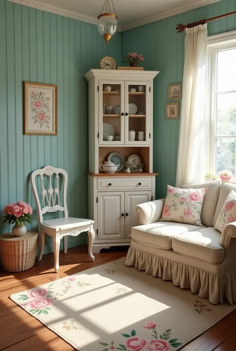 A cozy vintage cottage living room, duck egg blue vertical wooden paneled walls, hardwood flooring, floral pattern decor, antique wooden furniture including:
- corner display cabinet with glass doors displaying vintage china
- white painted wooden chairs
-...