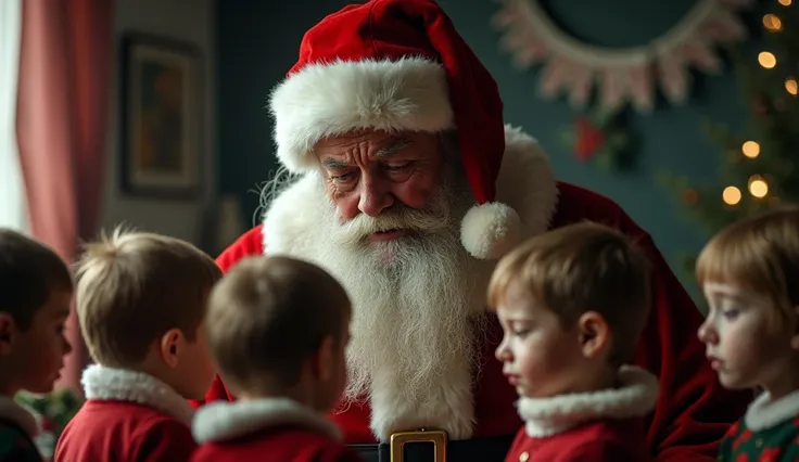 realistic Santa making little humans sad