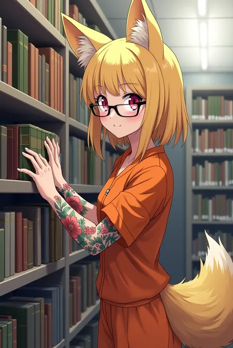 adult females prisoner female, blonde mid long hair , blonde fox ears , blonde fox tail, No human ears, pink eyes, glasses, flowers tattoos on her arms, orange prison jumpsuit, She was arranging books on the bookshelves in the prison library, Book Cart, da...