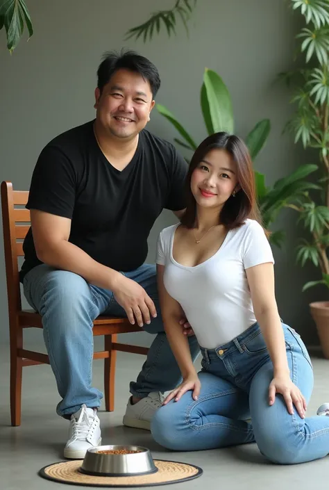 A realistic photograph captured by a professional photographer featuring an Asian man with a slightly chubby build and a noticeable belly, wearing a black t-shirt, jeans, and white sneakers, seated on a wooden chair, facing the camera. A Japanese woman wit...