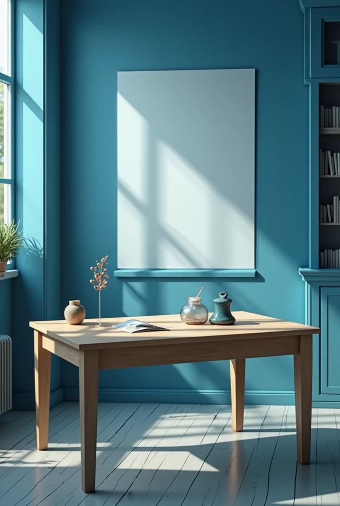 Make a blue living room with a wooden table with a bell on top, a jar of paint with a pen, and make a giant contract in the background with the letters getting smaller.