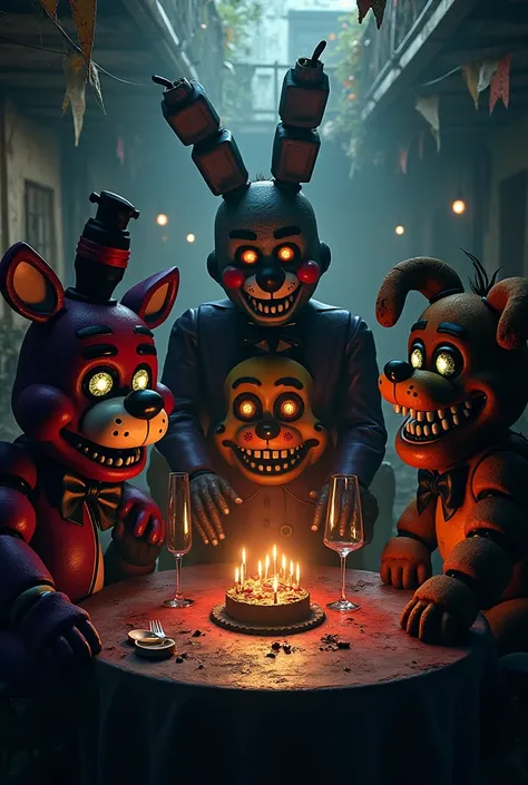 A Night at Freddys  Bonnie foxy fredy end chica with the Joker at a party 