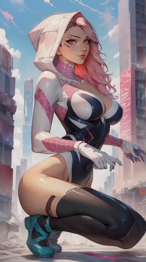 source_9_up, source_8_up, source_7_up, source_6_up, source_anime, female, solo, cyberpunk style, perfect face, (detailed beautiful face), red eyes, (detailed eyes), red hair, (long hair), big breasts, thin waist, wide hips, big ass, wearing white and pink ...