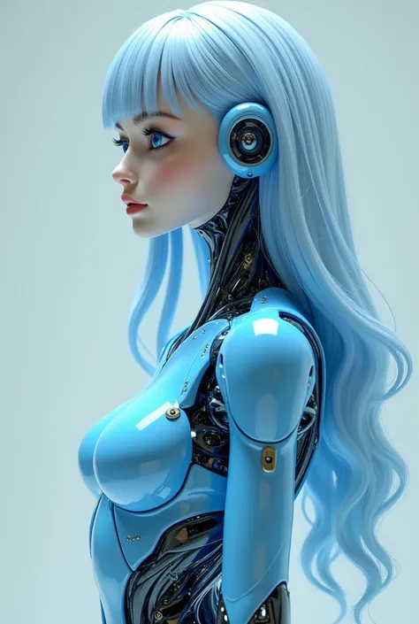 beautiful female full-length robot, bright blue color, light blue long hair ,  big blue eyes and extra long eyelashes, plump lips