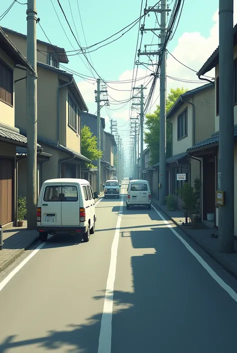 A Japan street one way road without any humans a small street vehils are going 
