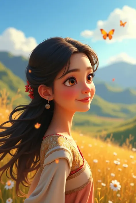 Make a animated photo of a girl on a sunny day from central asia