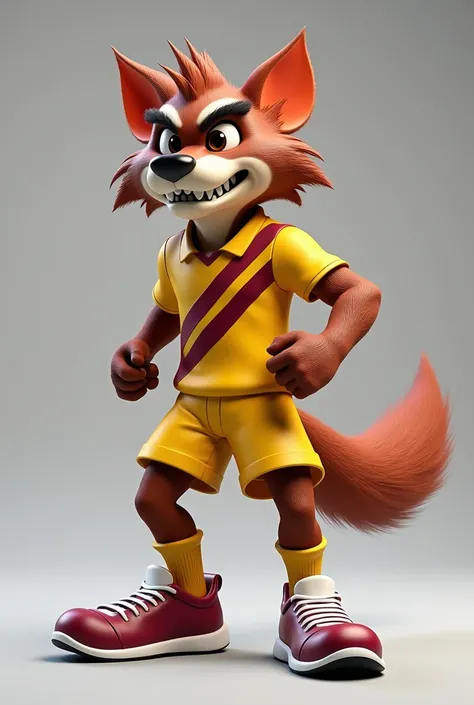 I want to create a 3D mascot of the character Taz from Taz Mania with a yellow soccer jersey with burgundy stripes and yellow soccer shorts and yellow soccer boots with burgundy details 