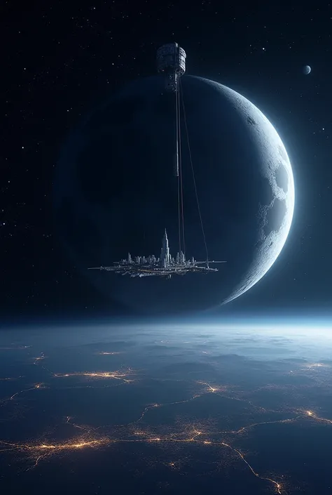 The sky is full of stars，On the far left is the space station。Earths cities below and above the moon are connected to a huge space city on the moon by a satellite dangling rope.。