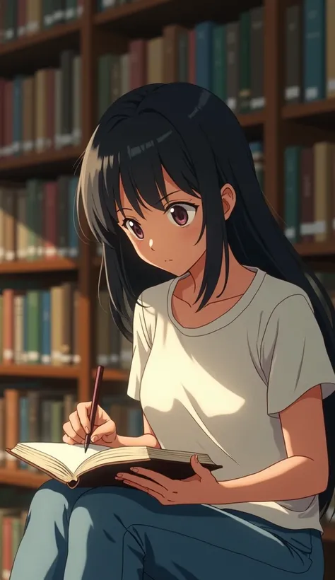 A close-up scene of a hand leafing through a book in a silent library. The camera moves up, revealing a person sitting, reading with focus, surrounded by shelves full of books. The light is soft, with warm tones illuminating the persons face. She wears a s...